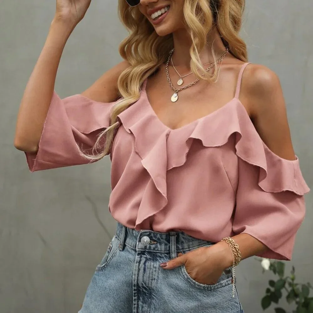 Ruffle Detail Cold Shoulder Blouse - pink ( more colors )